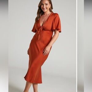 Showpo Nicholla Midi Dress Copper Ruched Front Flutter Sleeve Size US 12